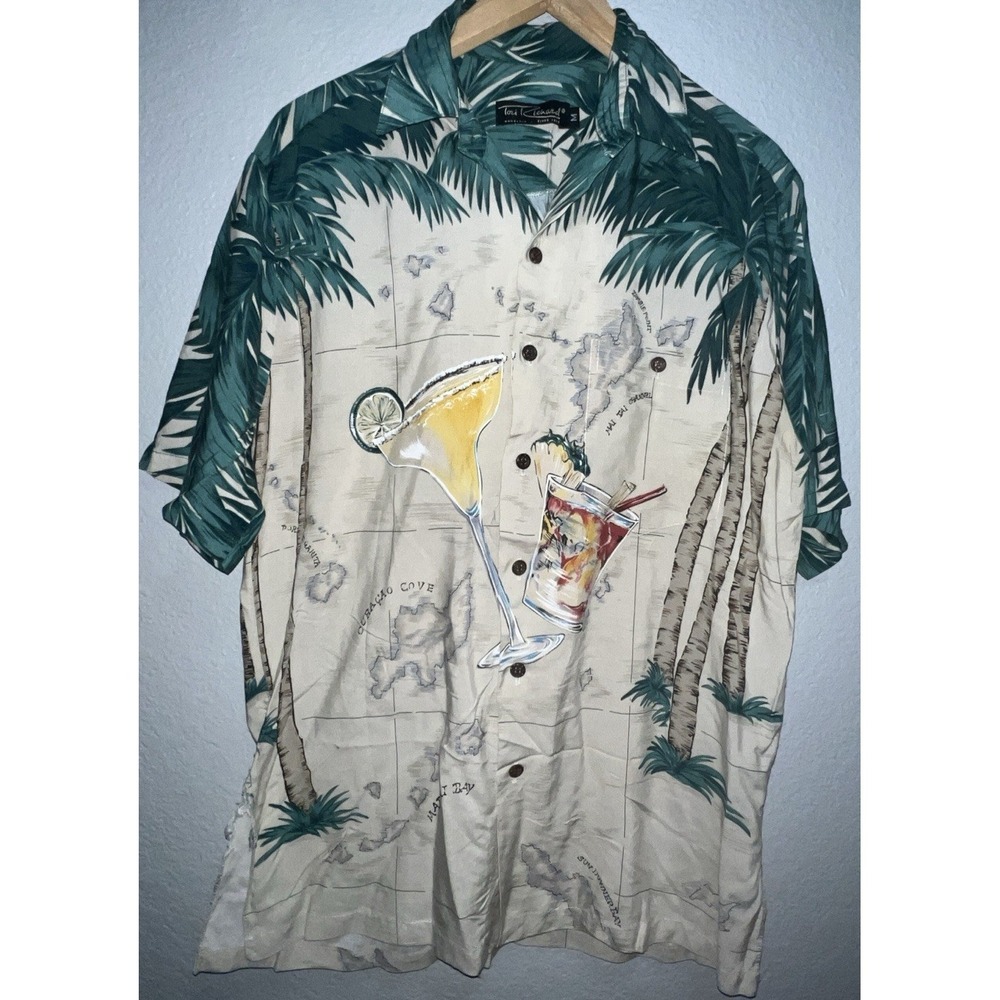Tori Richard Shirt Green Martini Bar Cocktail Hawaiian Button Up Men's Medium